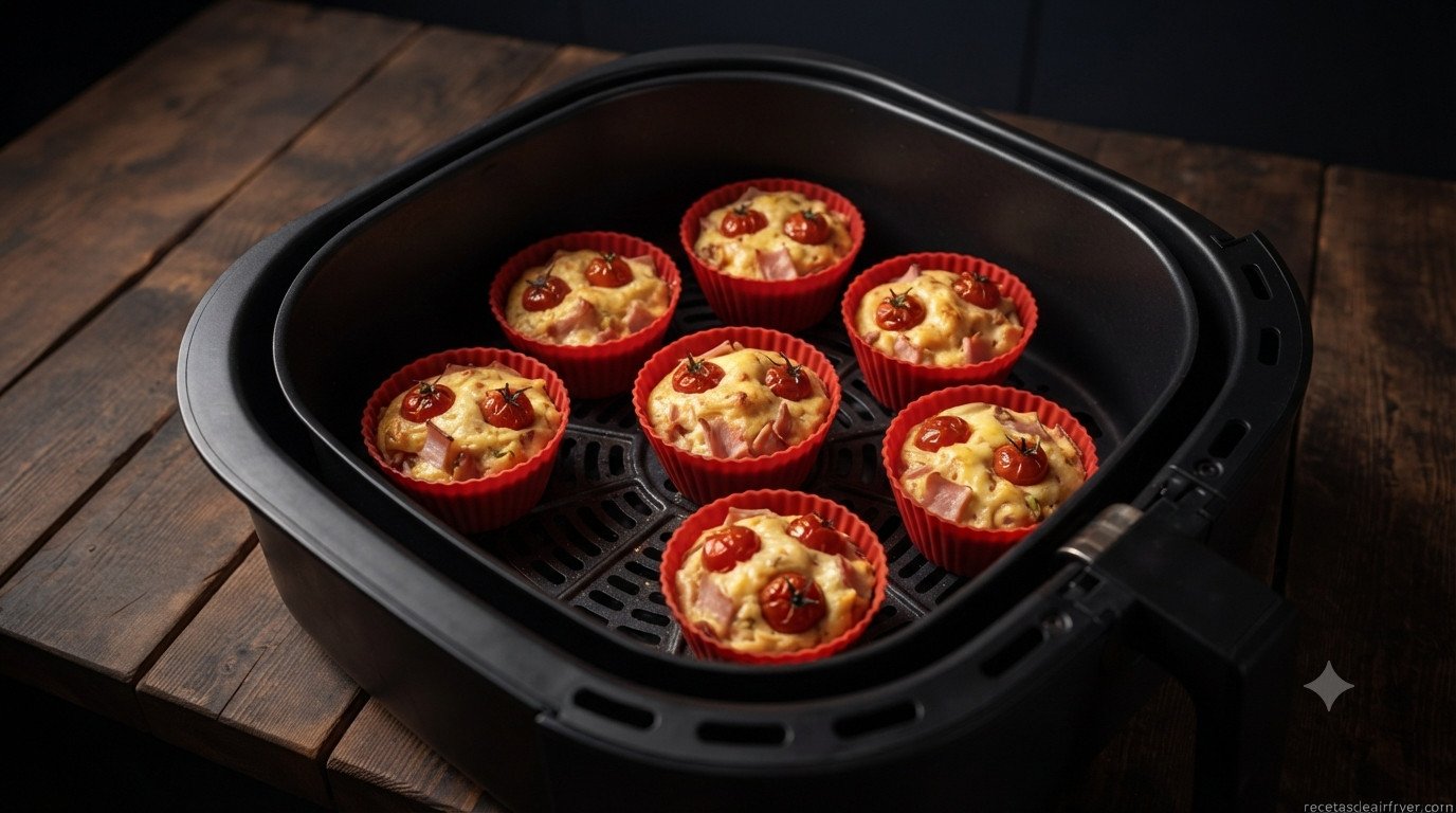 Moldes con los muffins crudos dentro de la freidora de aire