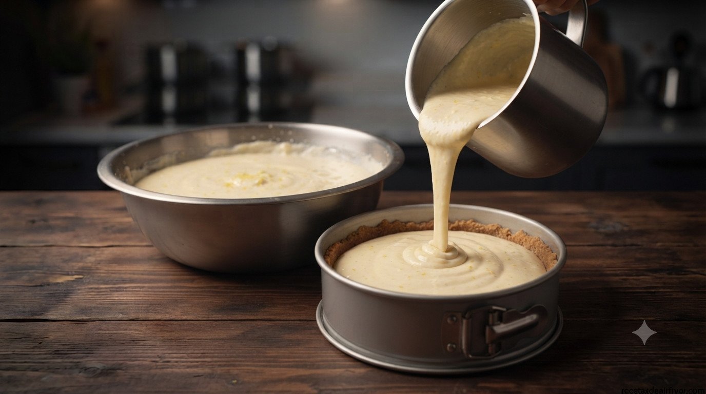 Mezcla de cheesecake con limón integrándose con movimientos envolventes