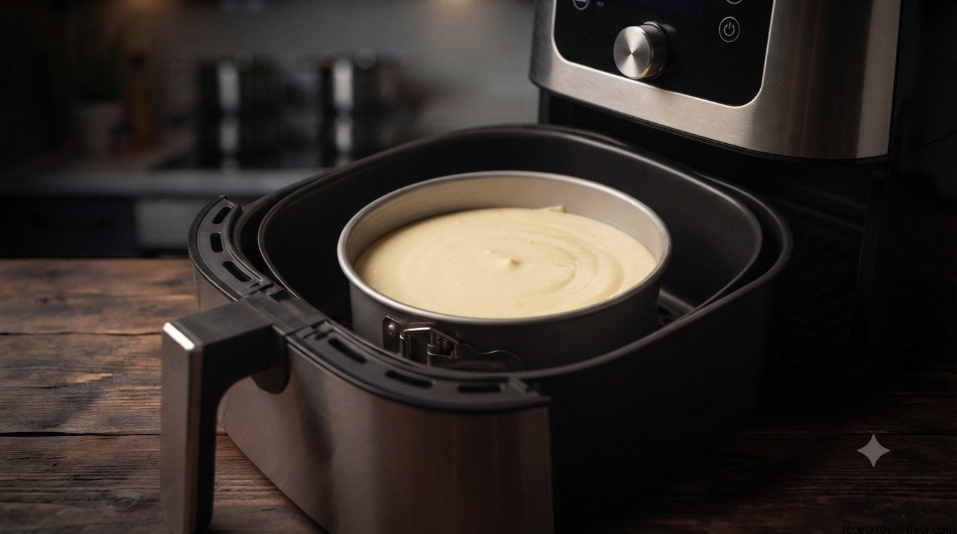 Molde con la mezcla de cheesecake vertida sobre la base de galleta