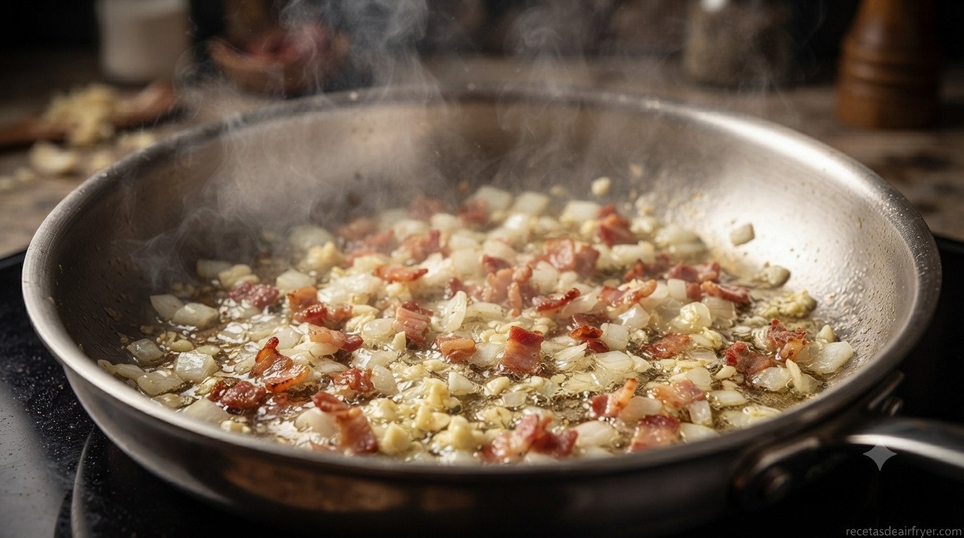 Cebolla, ajo y bacon pochándose en una sartén