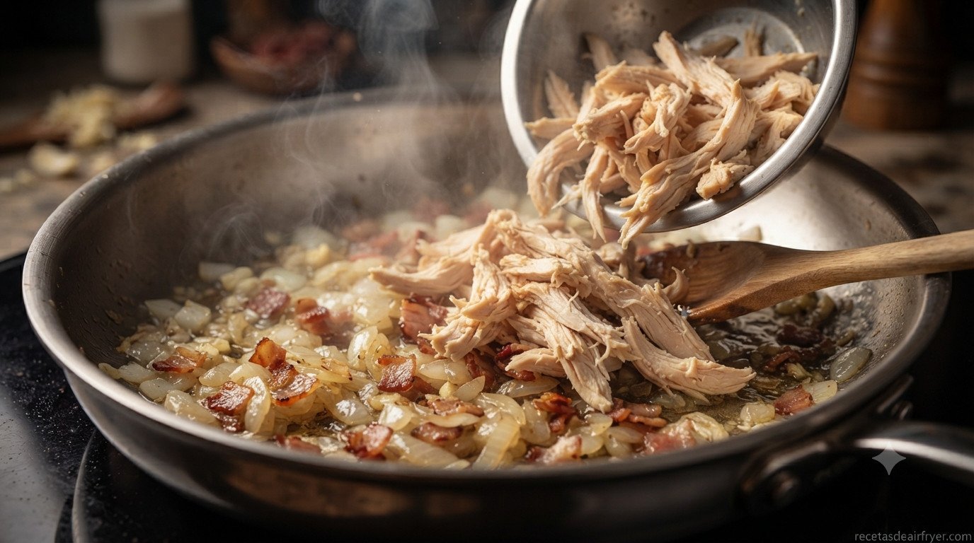 Pollo desmenuzado incorporándose al sofrito