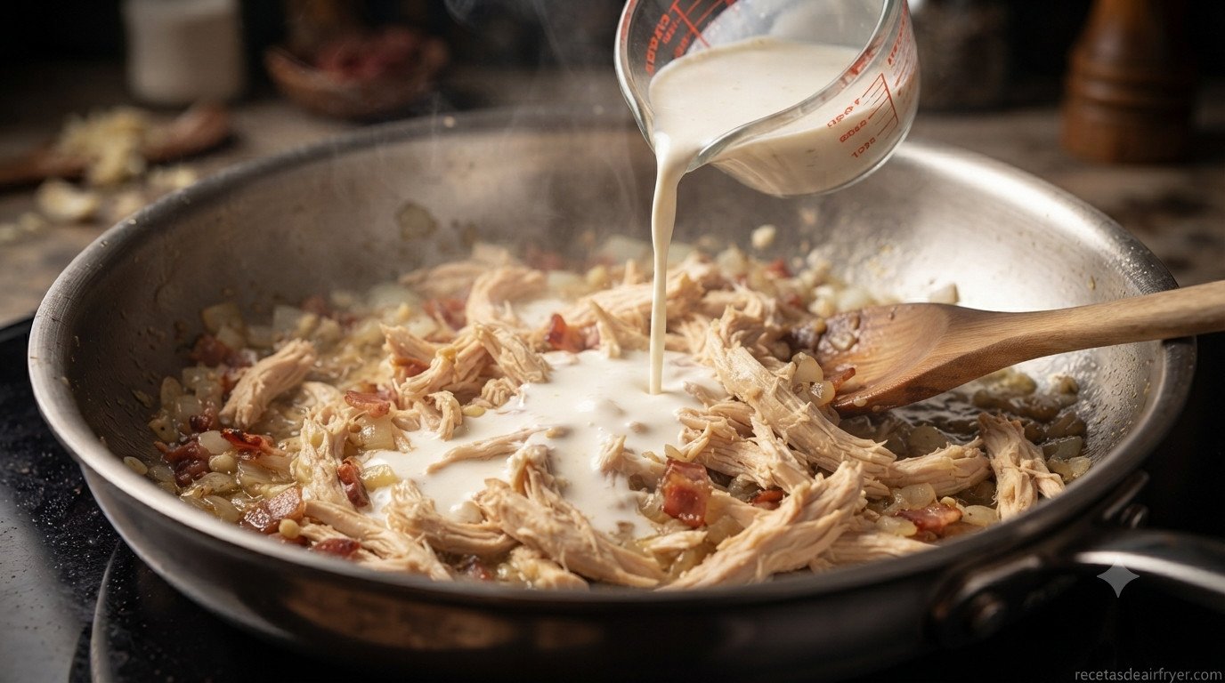 Nata vertiéndose sobre el relleno de pollo en la sartén