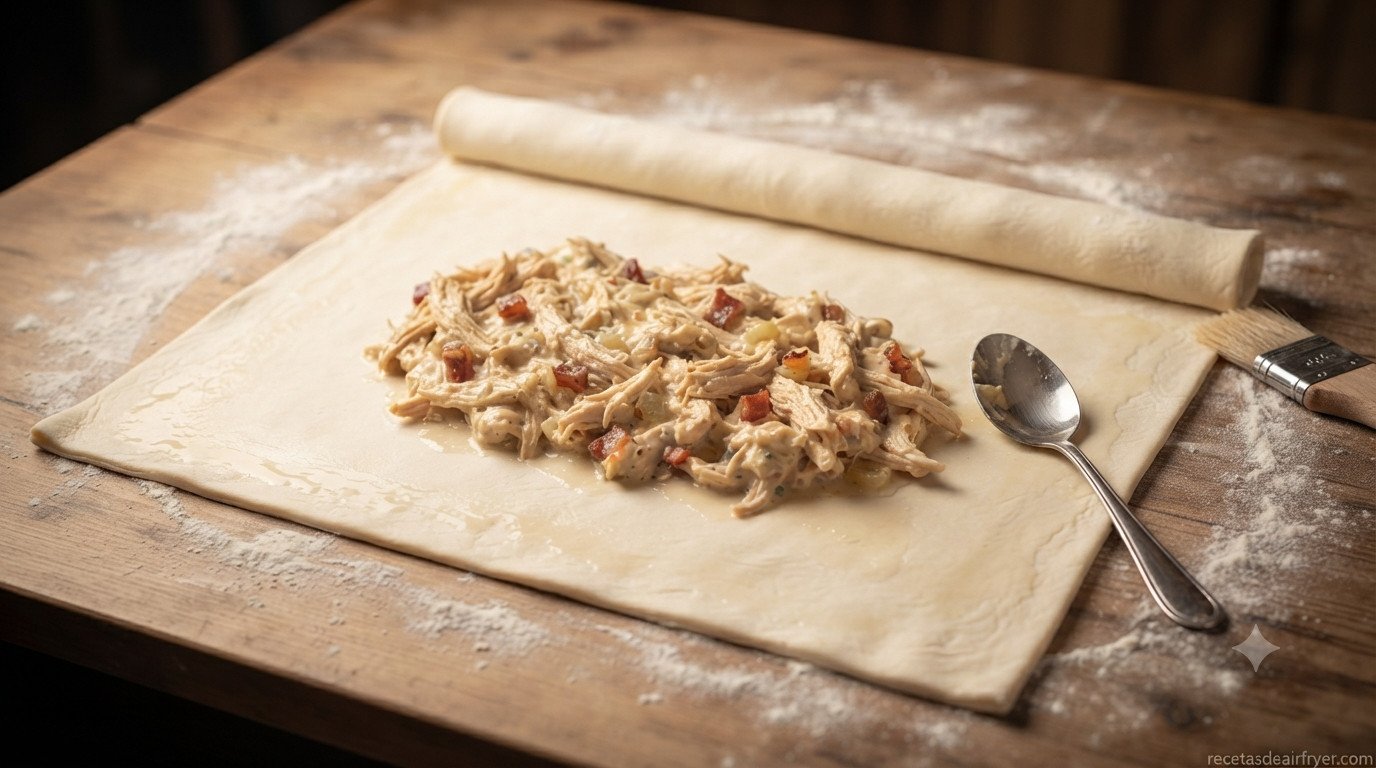 Masa de hojaldre extendida con el relleno de pollo repartido