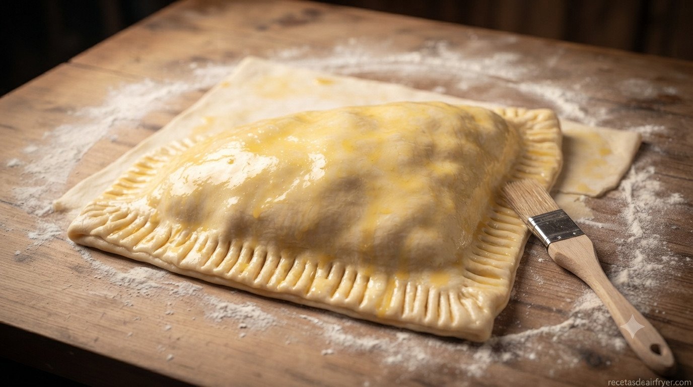 Empanada cerrada, sellada y pincelada con huevo