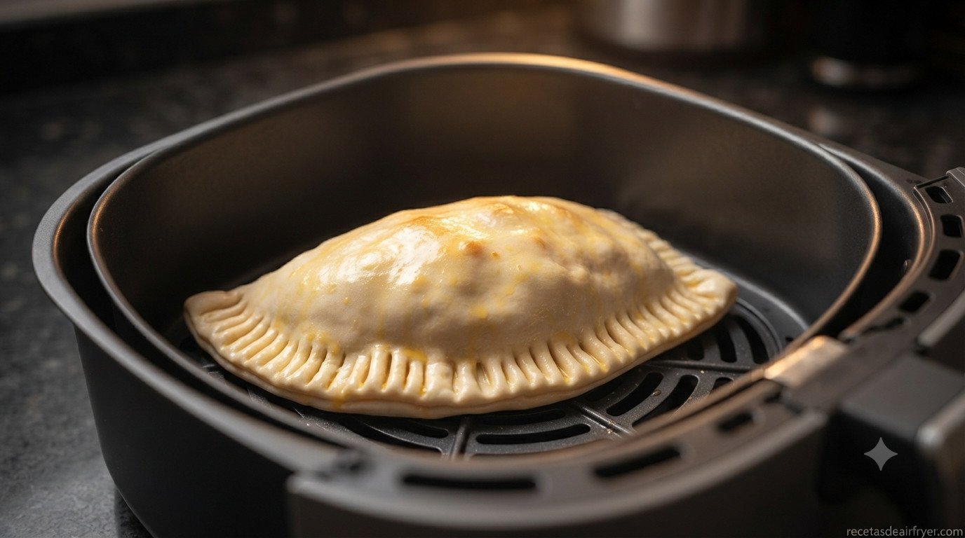 Empanada dentro de la cesta de la freidora dorándose