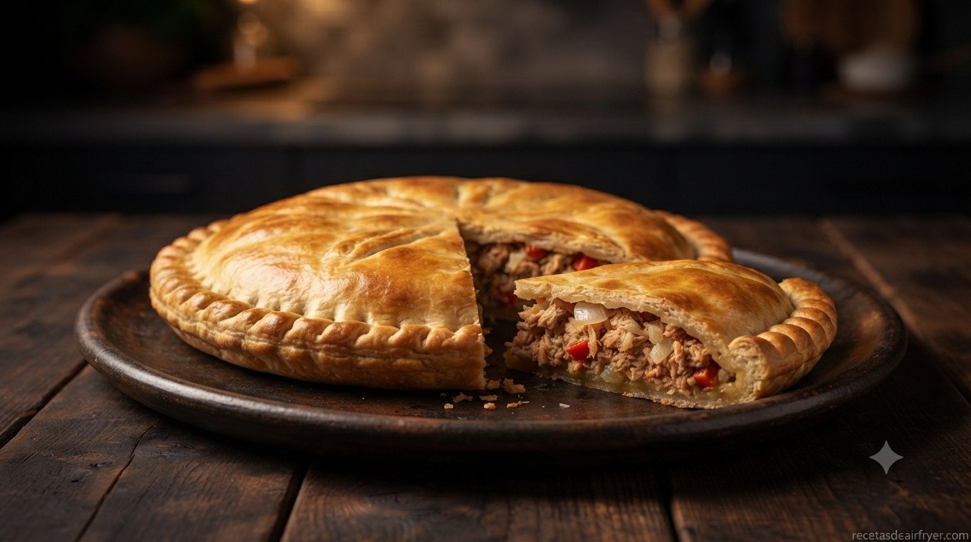 Empanada de pollo terminada, dorada y cortada en porciones