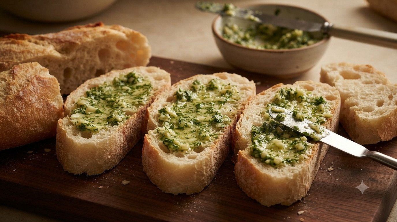 Rebanadas de pan untadas con mantequilla de ajo, antes de cocinar