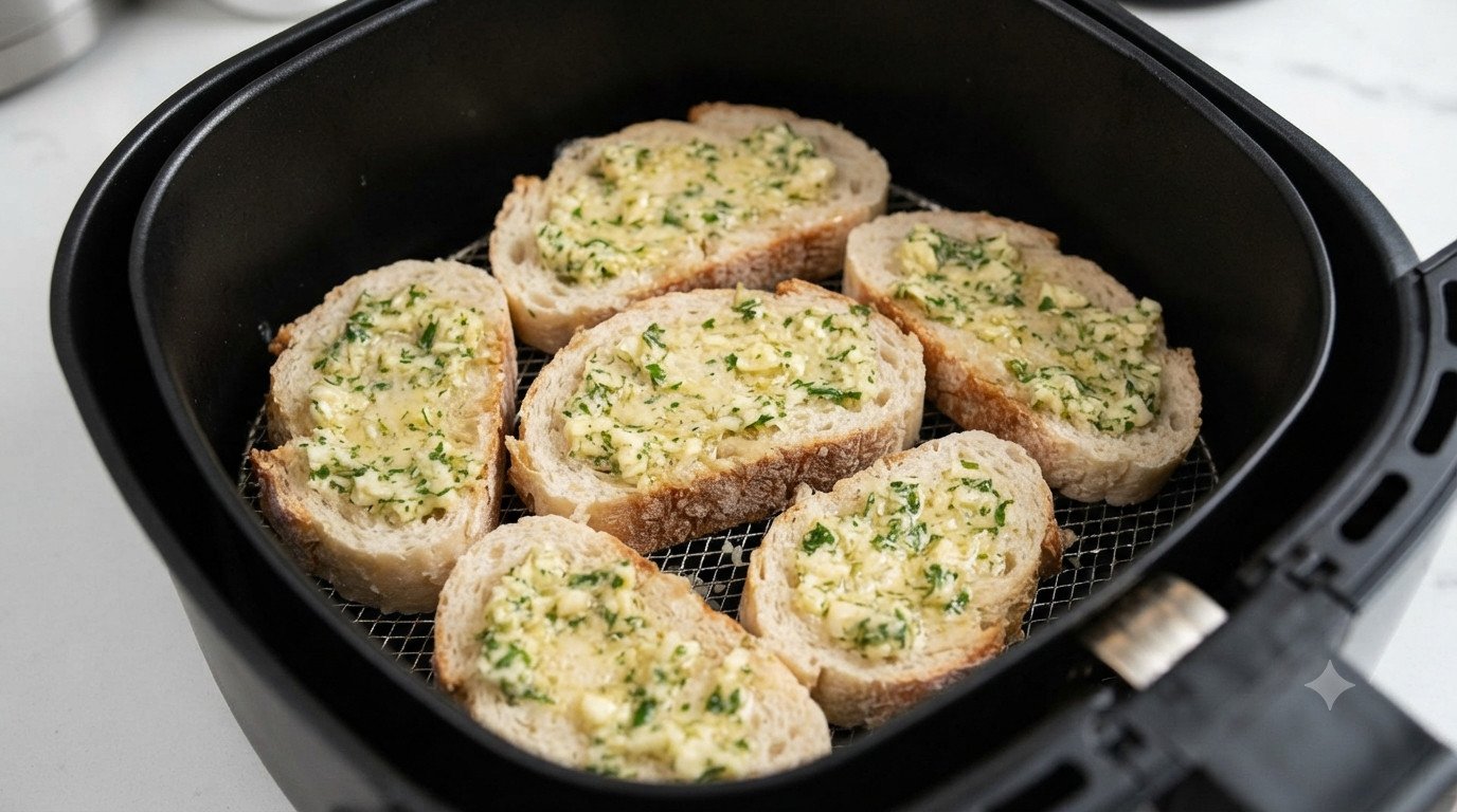 Rebanadas de pan de ajo dentro de la cesta de la freidora de aire