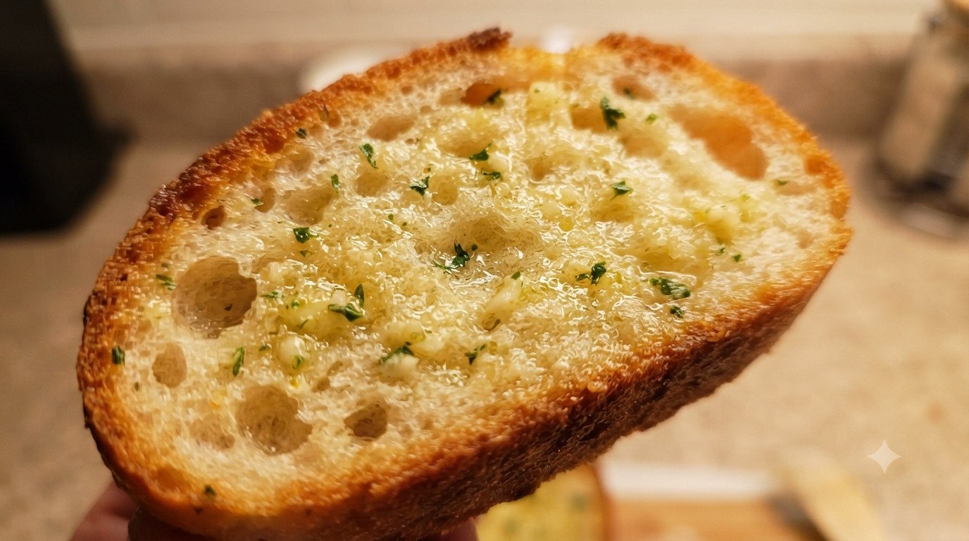 Pan de ajo cortado mostrando la miga esponjosa y el borde crujiente