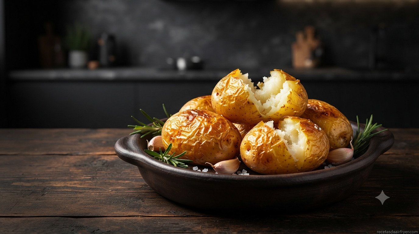 Patatas asadas en freidora de aire, doradas y crujientes por fuera