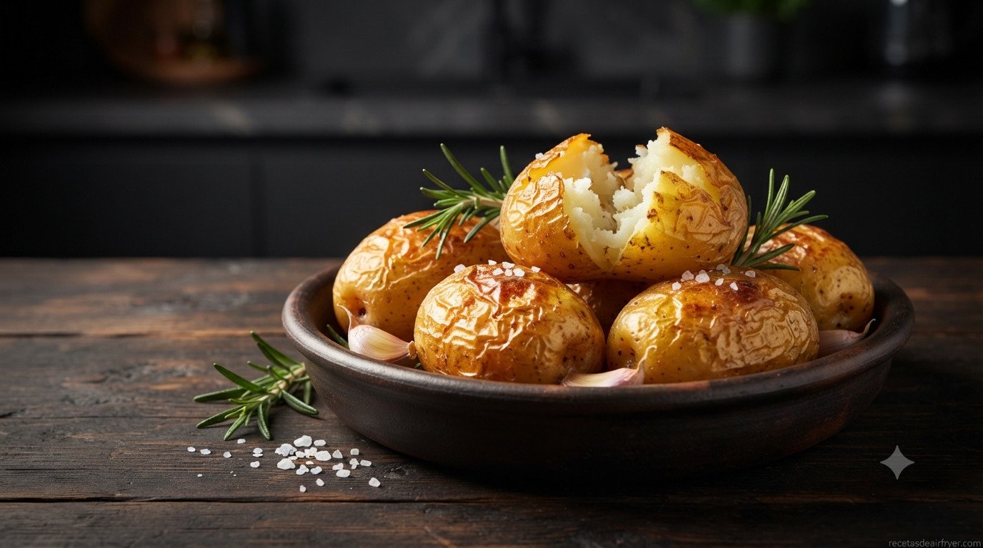 Patatas medianas con piel lavadas y preparadas para asar en freidora de aire