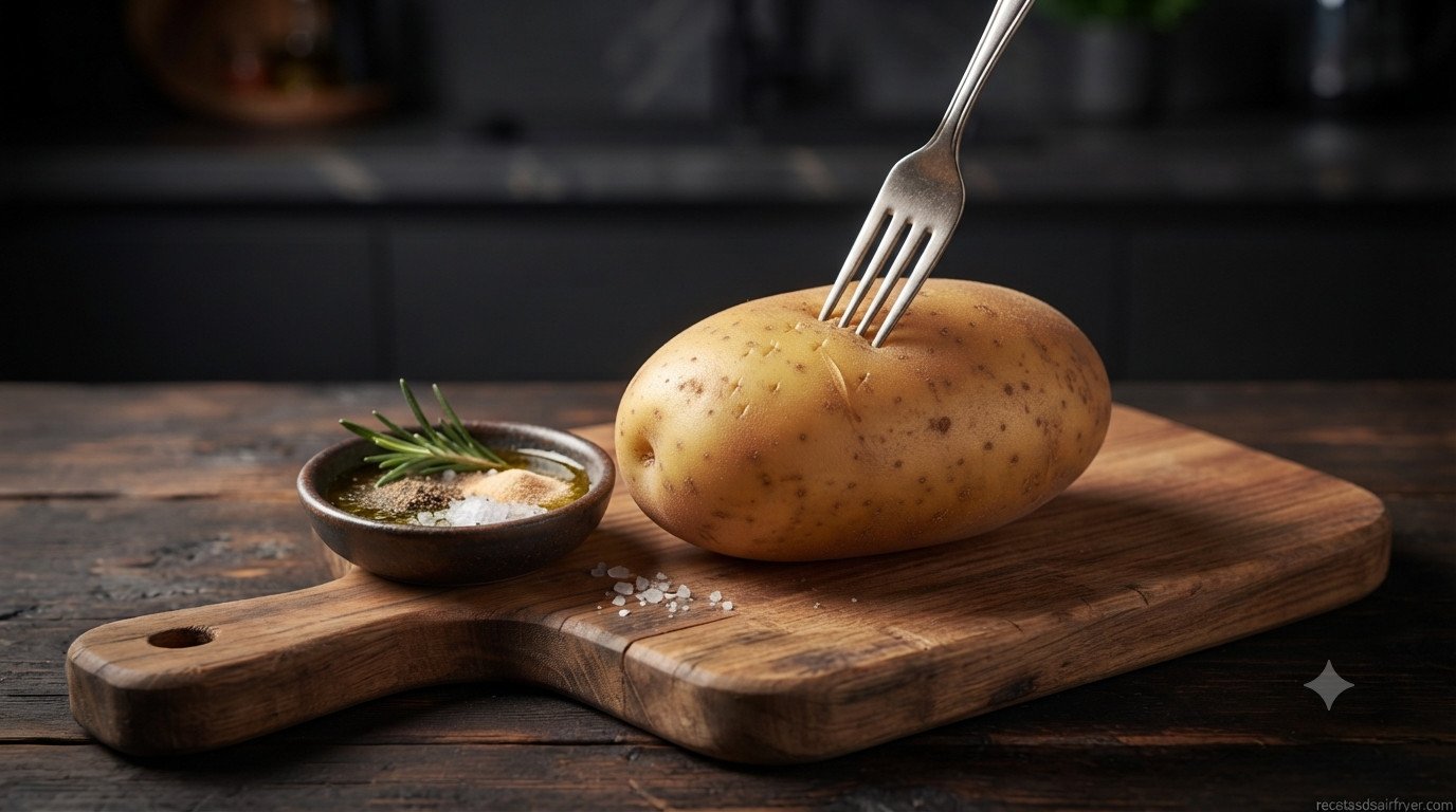 Patata entera siendo pinchada con un tenedor antes de cocinarla