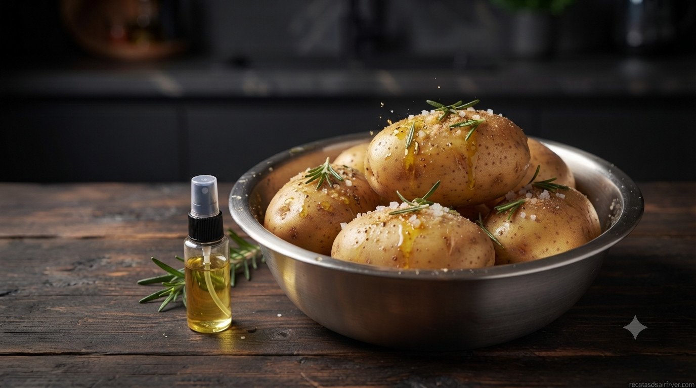 Patatas enteras mezcladas con aceite de oliva, ajo, sal y romero
