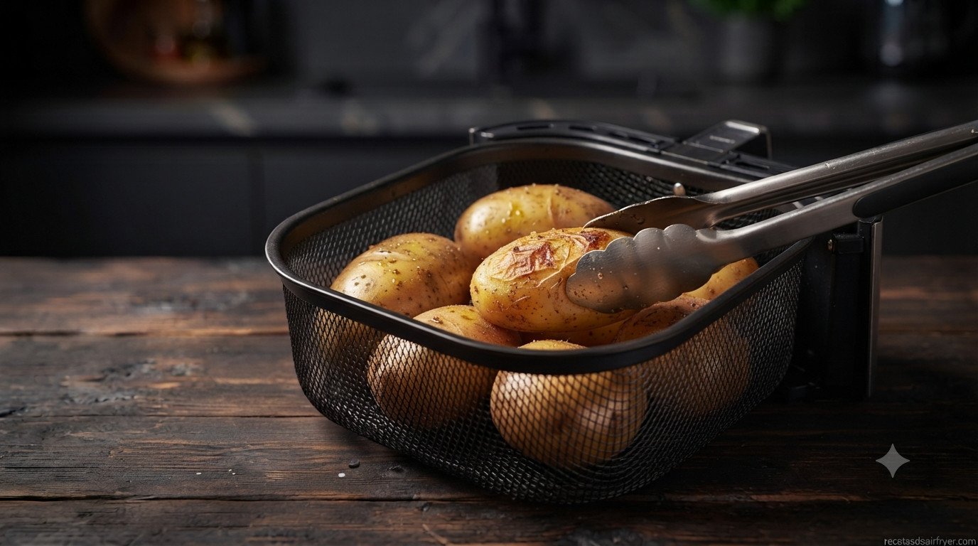 Patatas sazonadas colocadas en la cesta de la freidora de aire