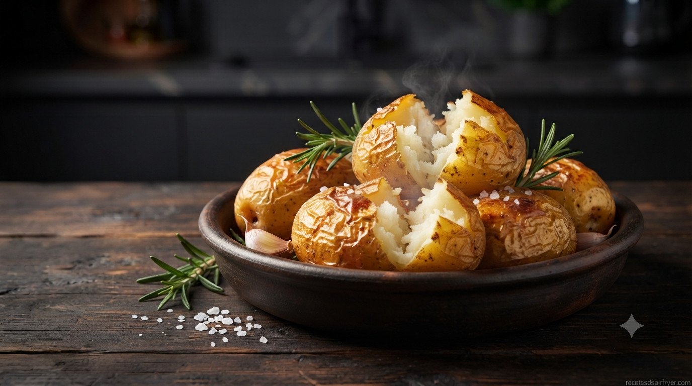 Patatas enteras colocadas separadas dentro de la cesta de la airfryer