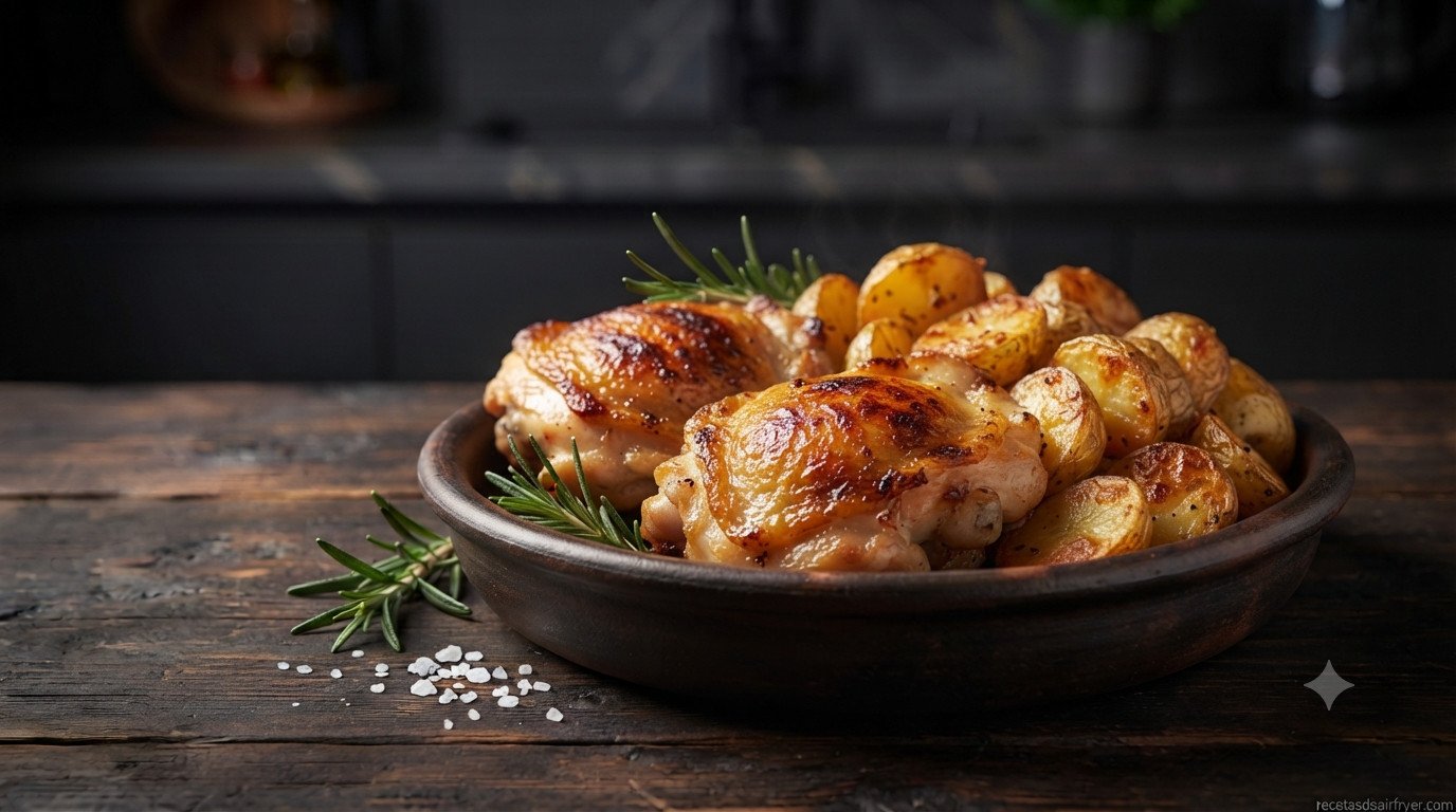 Patatas asadas doradas y crujientes recién terminadas en la freidora de aire