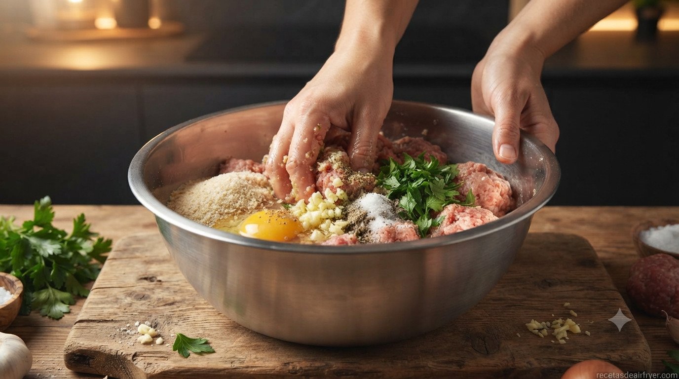 Pan rallado hidratándose con leche para preparar albóndigas caseras
