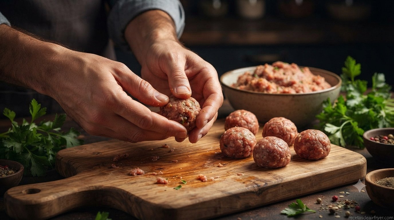 Carne picada mezclada con huevo, pan rallado, ajo y perejil para hacer albóndigas