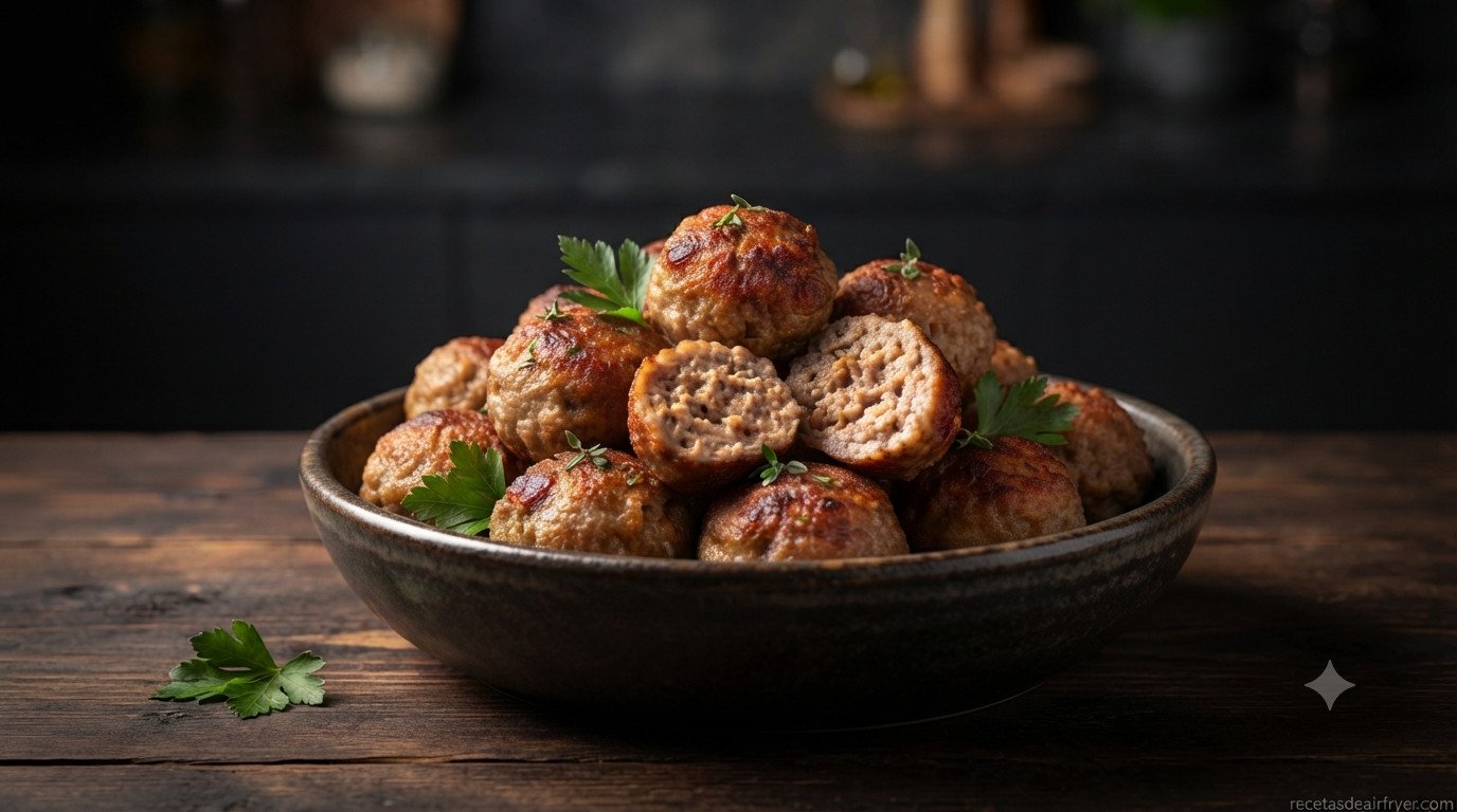 Albóndigas colocadas en la cesta de la freidora de aire antes de cocinar