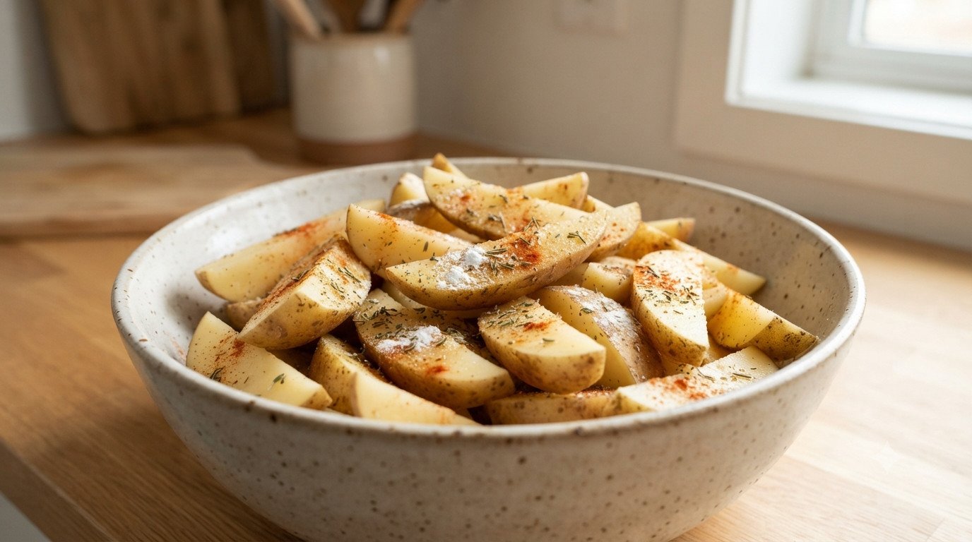 Gajos de patata preparados y sazonados para hacer patatas deluxe en freidora de aire