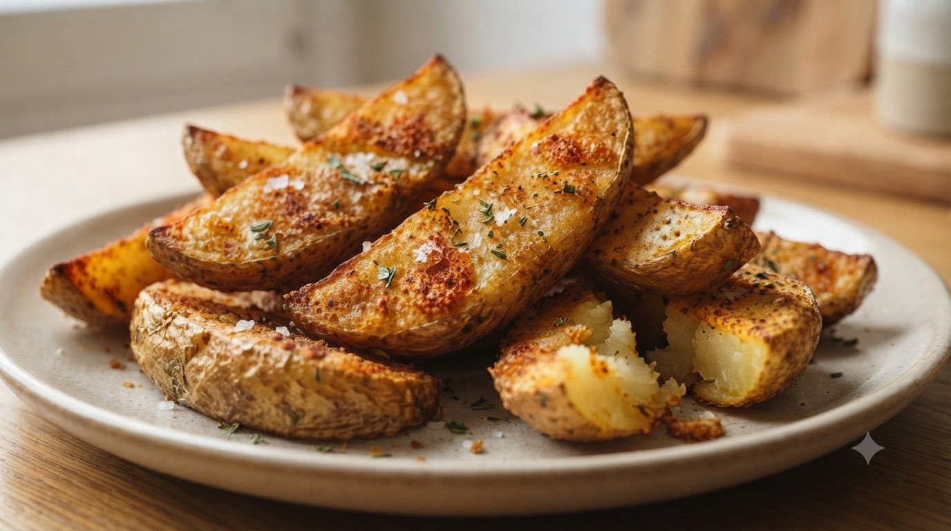 Patatas deluxe doradas y crujientes recién hechas en freidora de aire