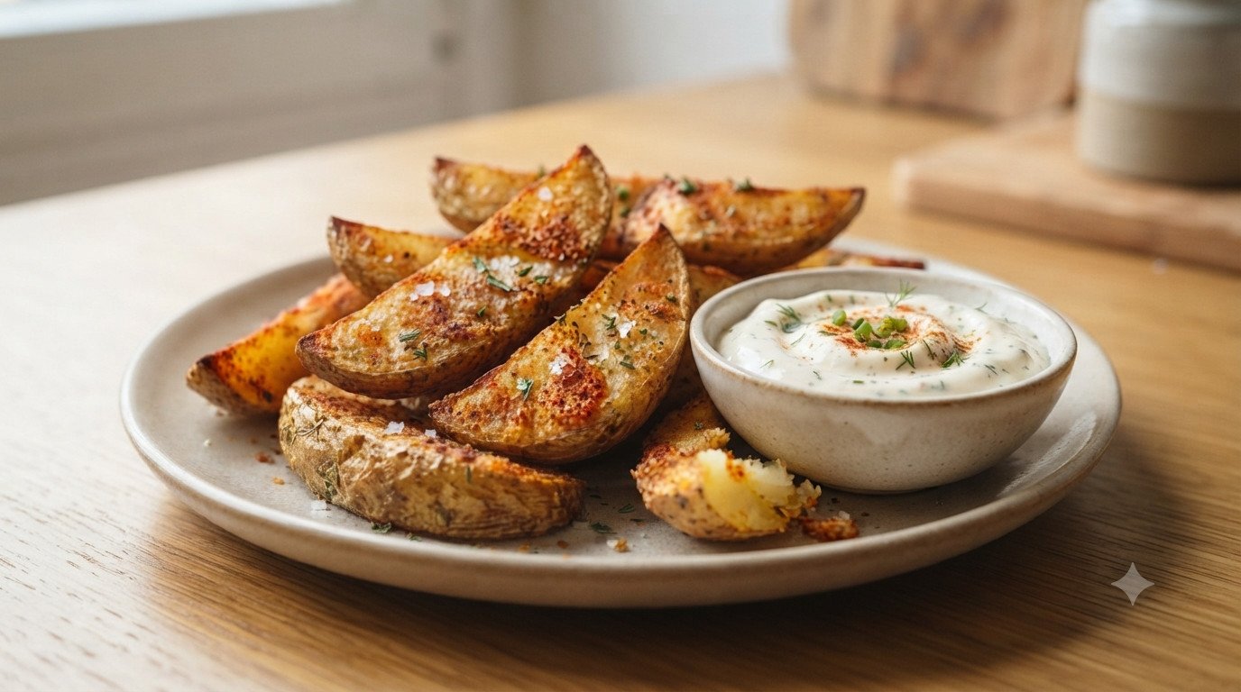 Patatas deluxe en freidora de aire acompañadas de salsa deluxe casera