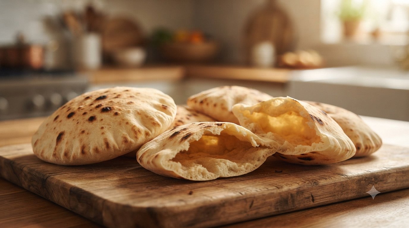 Pan de pita casero recién hecho en freidora de aire, dorado y listo para rellenar