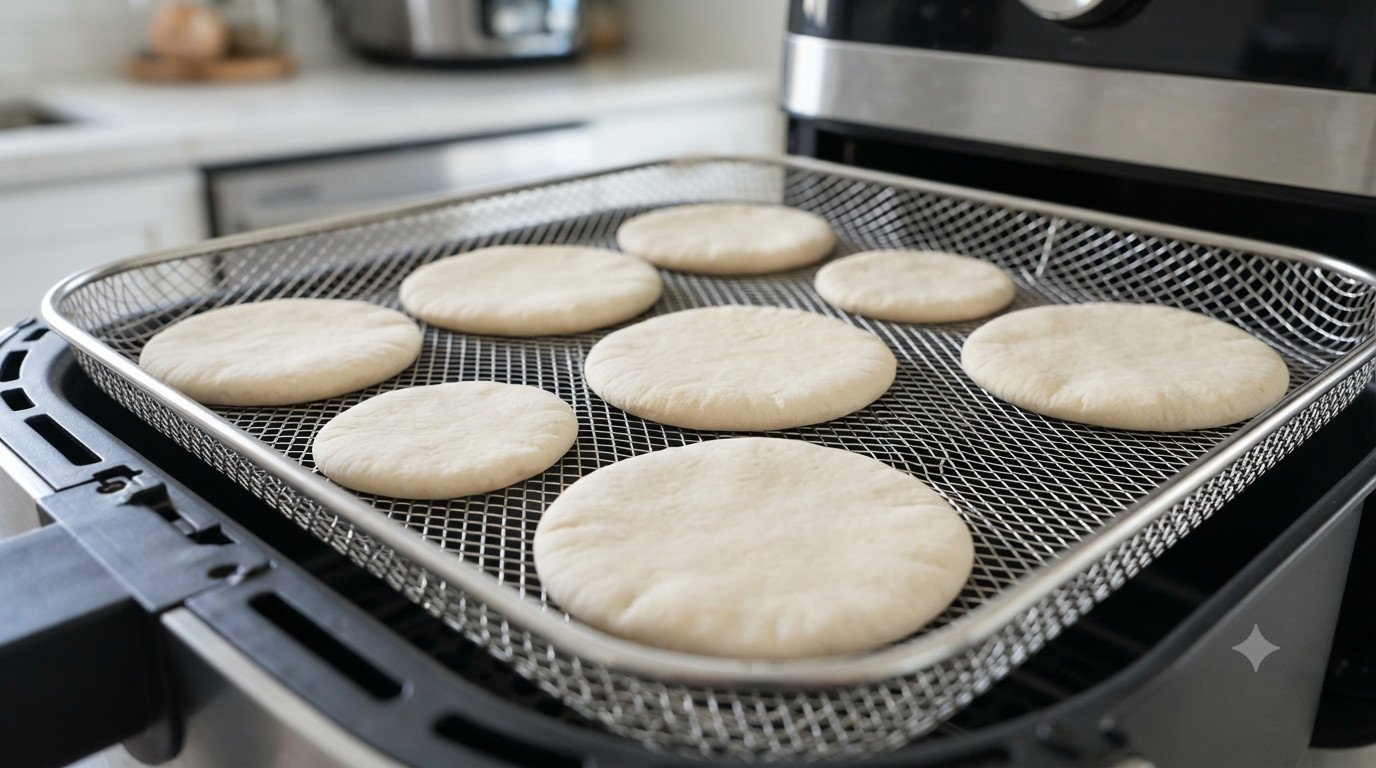 Pan de pita colocado en la cesta de la freidora de aire