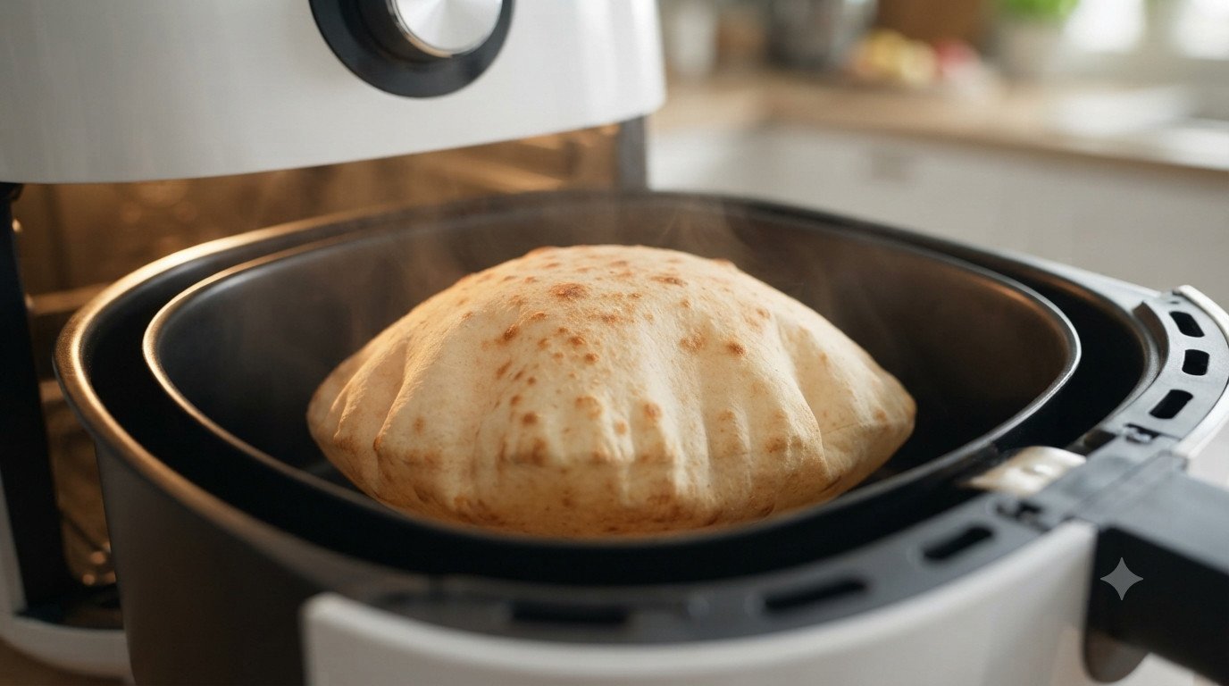 Pan de pita inflándose durante la cocción en la freidora de aire
