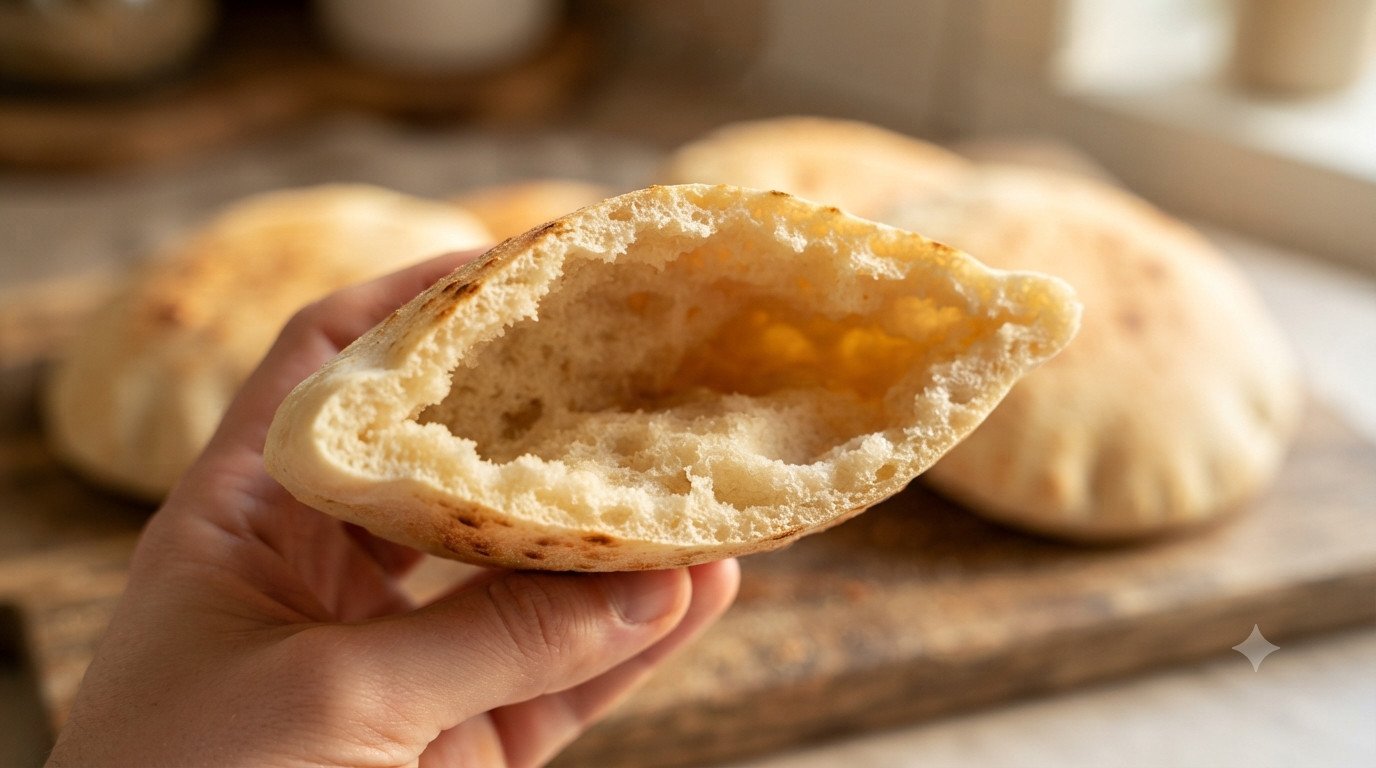 Pan de pita casero abierto mostrando su interior hueco