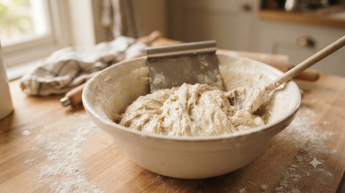 Leche templada con levadura y azúcar para preparar pan de leche