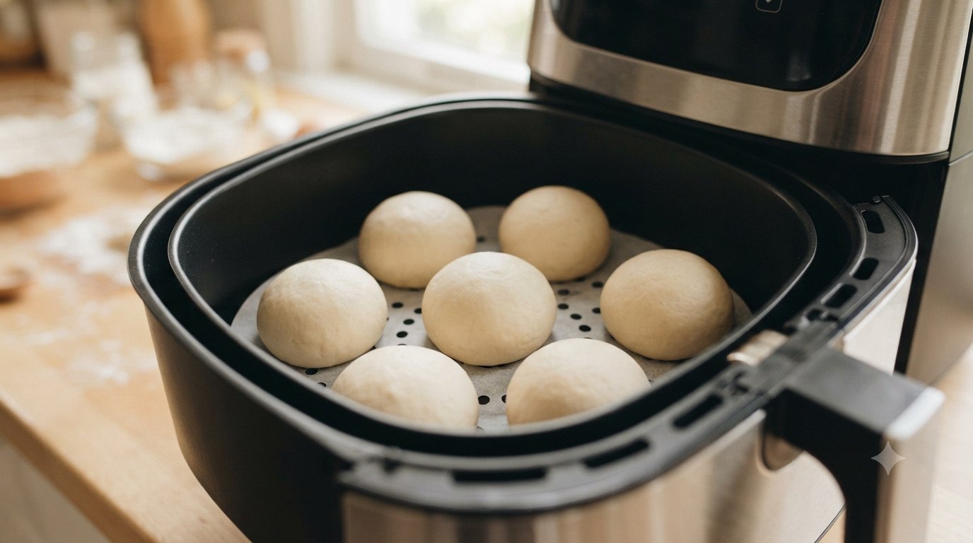 Panecillos de leche cocinándose en la freidora de aire