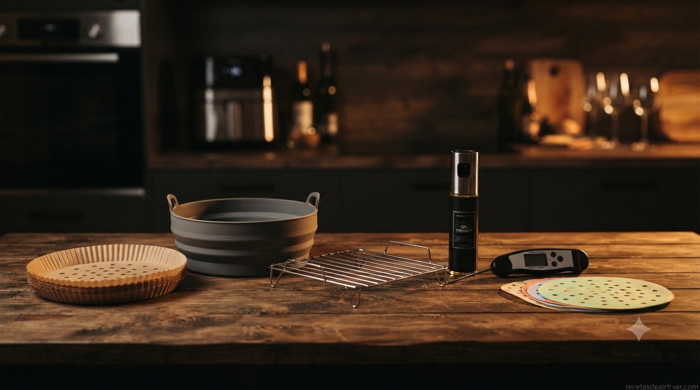 Accesorios imprescindibles para freidora de aire sobre mesa de madera