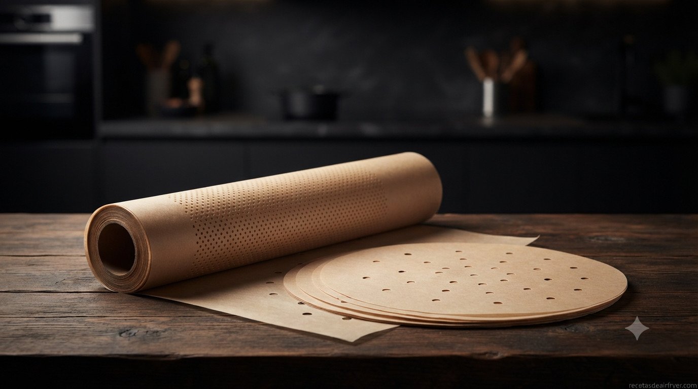 Papel para freidora de aire perforado sobre mesa de madera