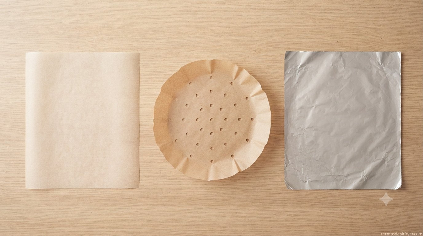 Comparativa visual de papel de horno, papel perforado y papel de aluminio