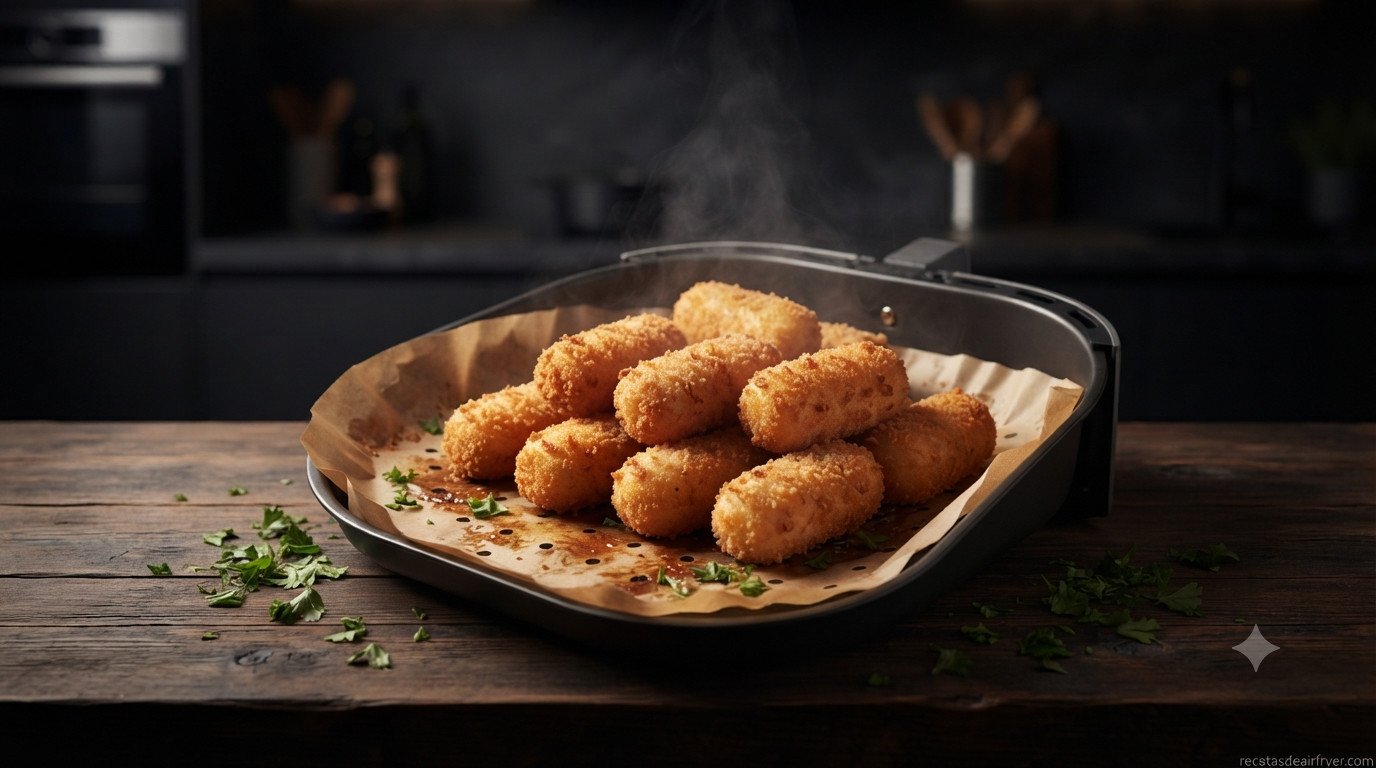 Croquetas doradas recién sacadas de la freidora sobre papel perforado