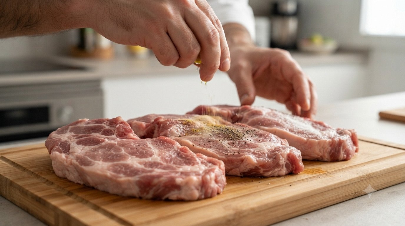 Secreto de cerdo sazonado antes de cocinarlo en la freidora de aire