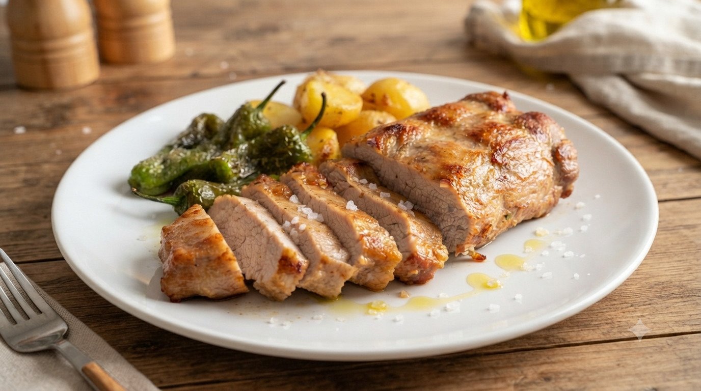 Secreto de cerdo en freidora de aire con patatas y pimientos