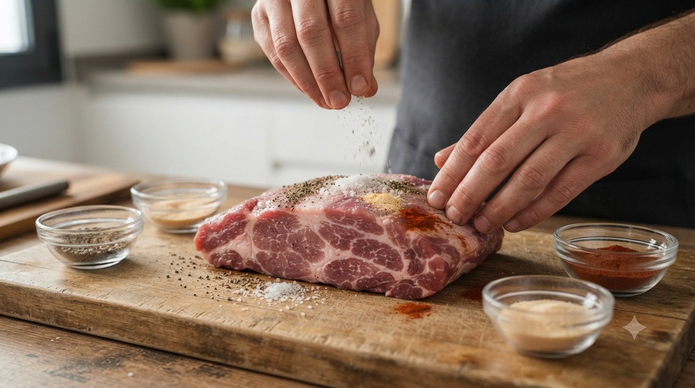 Presa ibérica sazonada antes de cocinarla en air fryer