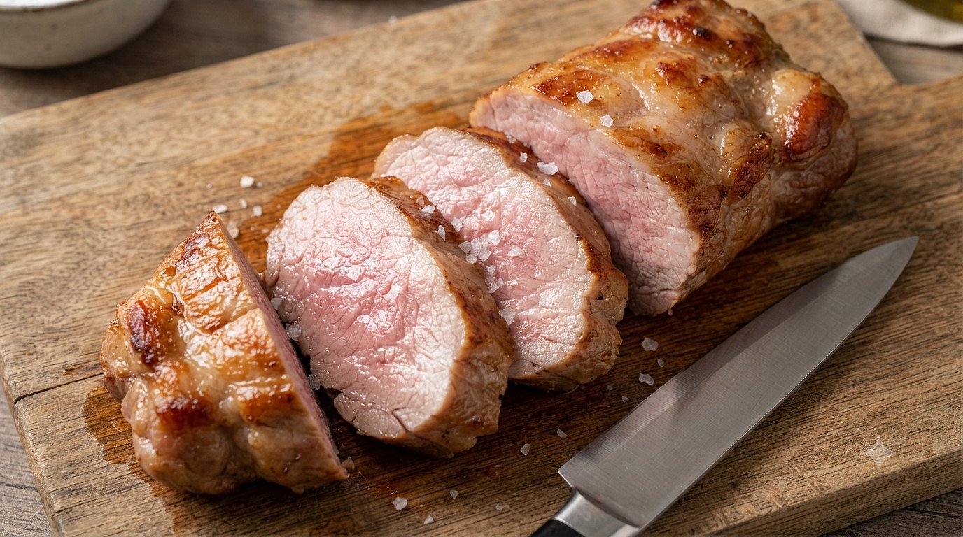 Presa ibérica cortada y jugosa después de cocinarla