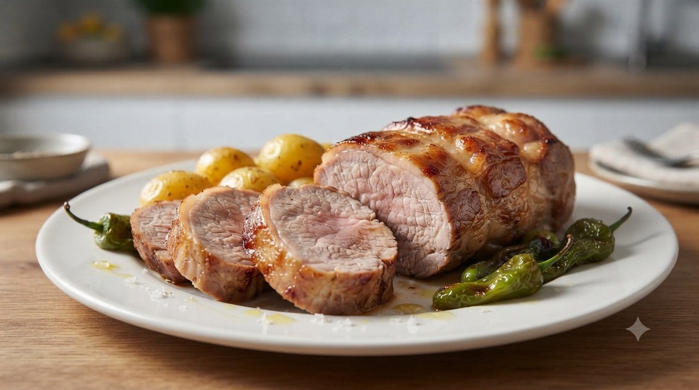 Presa ibérica en freidora de aire con patatas y pimientos
