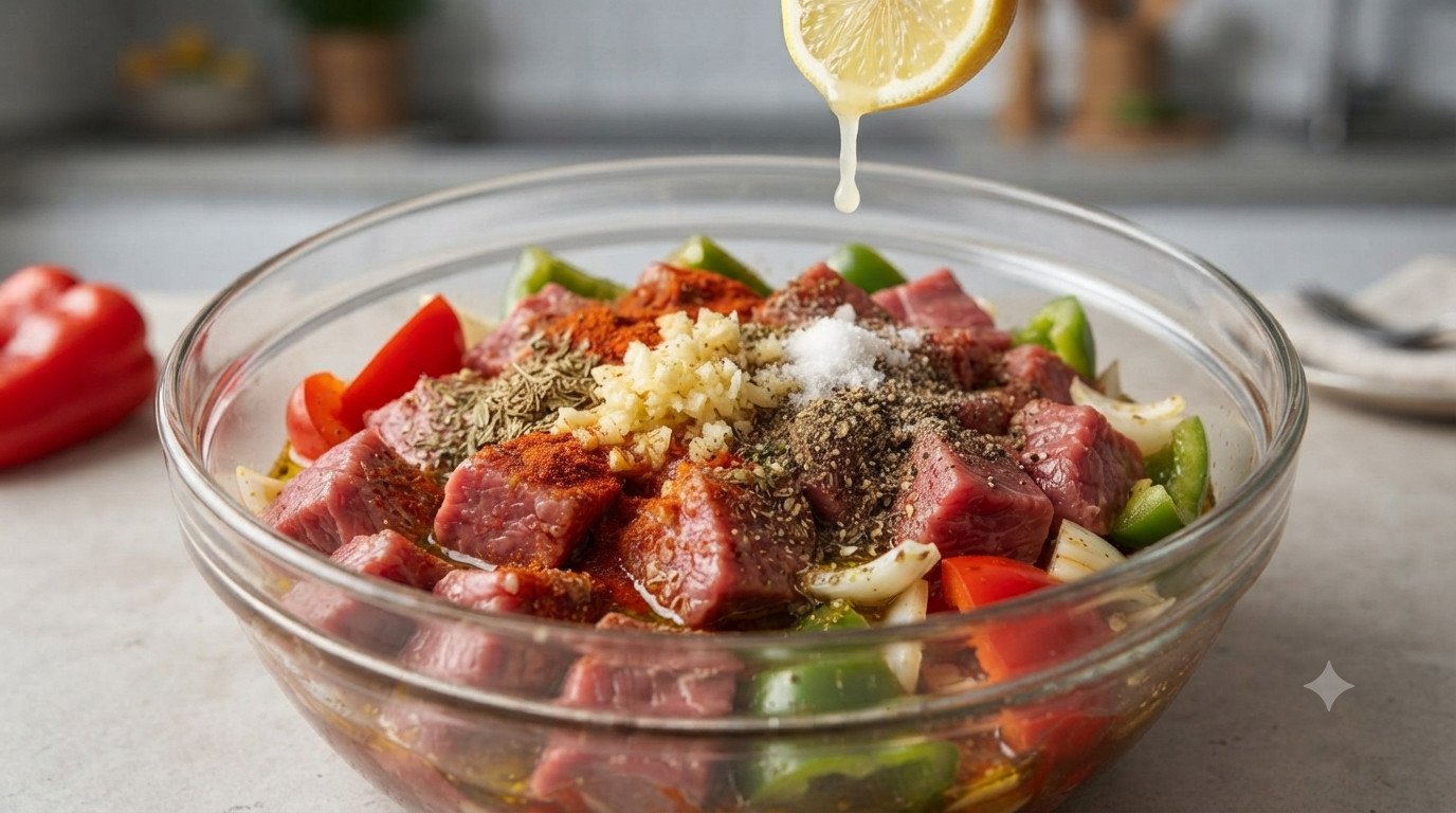 Carne de ternera marinada para brochetas