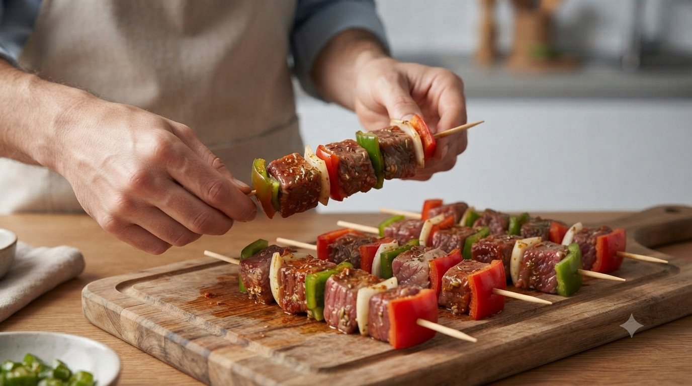 Brochetas de ternera y verduras preparadas para la air fryer