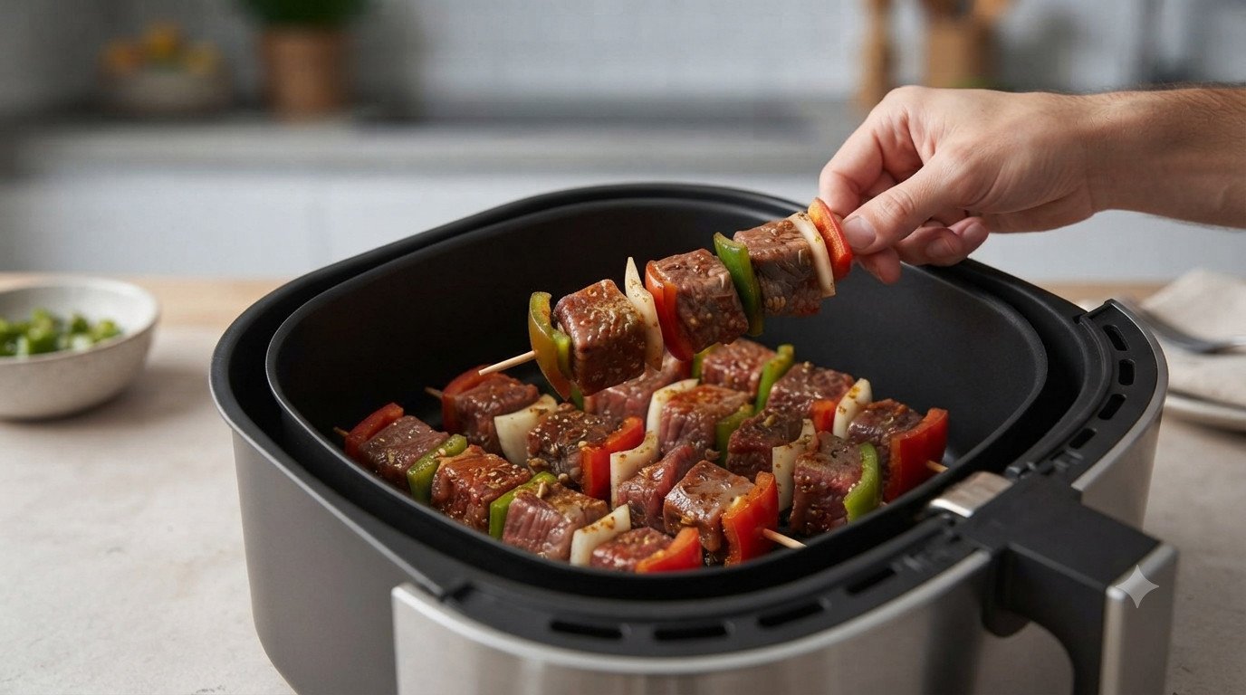 Brochetas de carne colocadas en la cesta de la freidora de aire