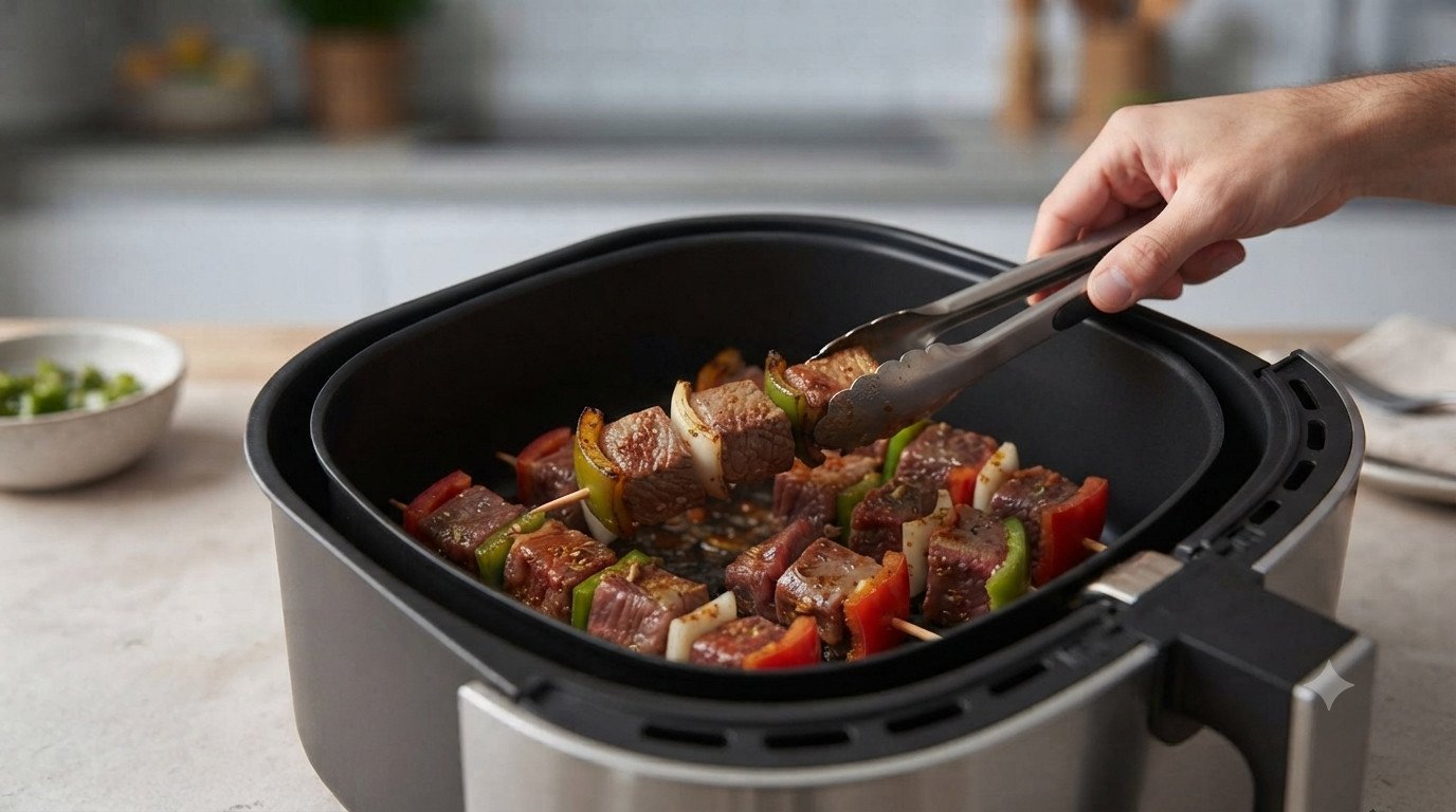 Brochetas de carne dorándose en la freidora de aire