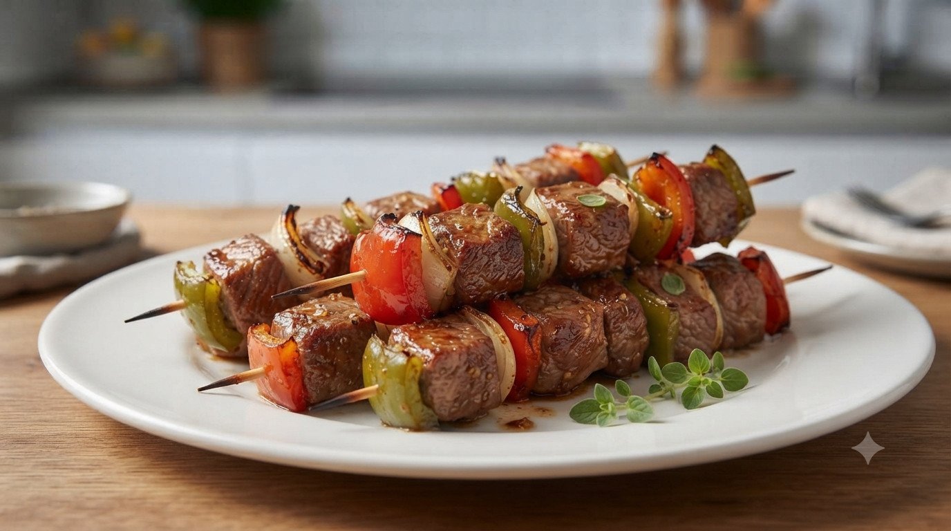 Brochetas de ternera doradas y jugosas recién hechas