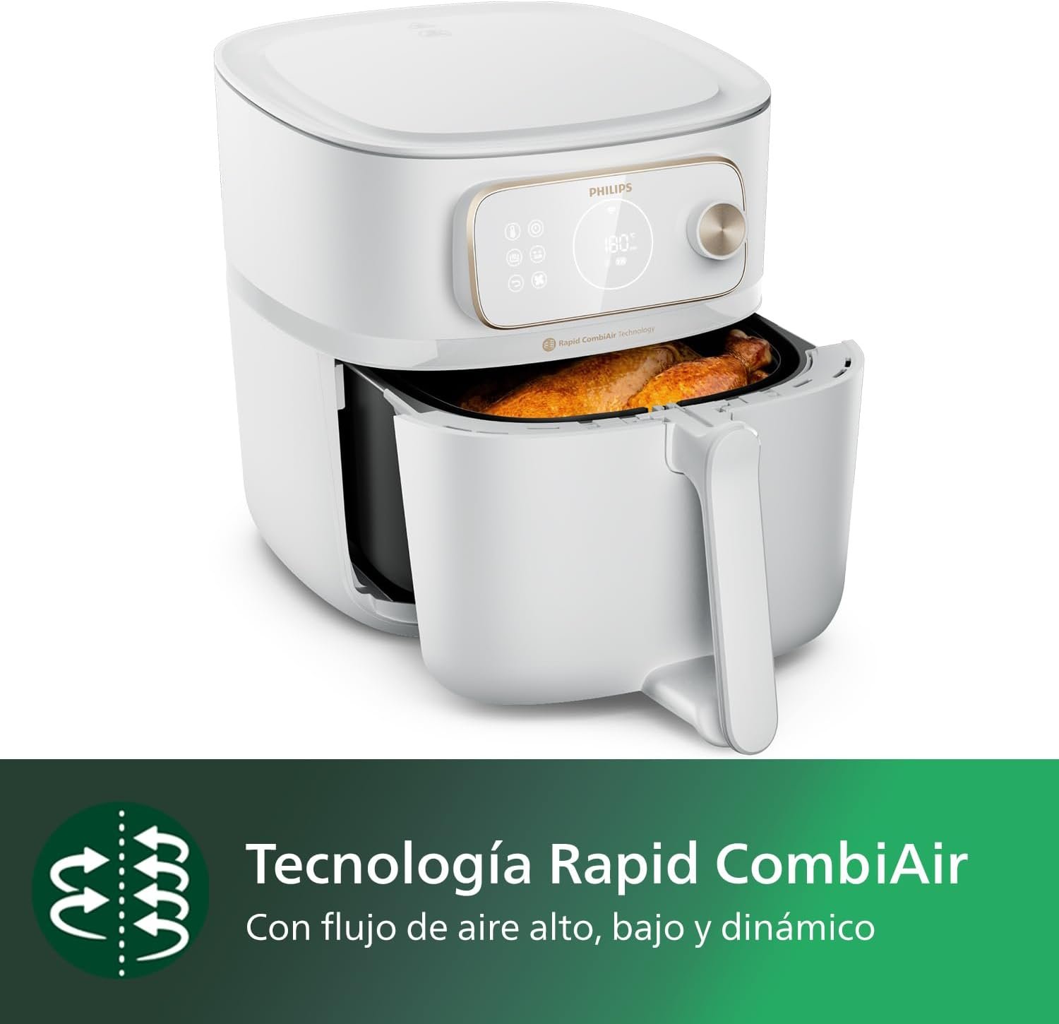 Pollo entero cocinándose dentro de la cesta XXL de la Philips Airfryer Combi 7000