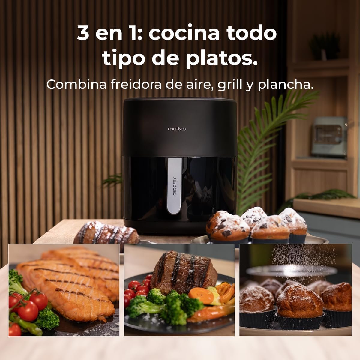 Detalle del diseño y panel de control de la Cecotec Cecofry&Grill Duoheat 6500 Plus