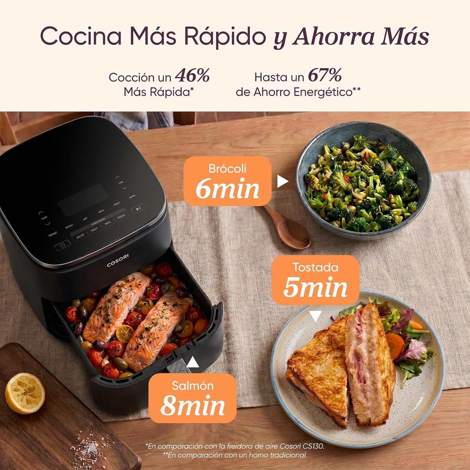 Comida terminada recién sacada de la Cosori Turbo Blaze, servida en mesa