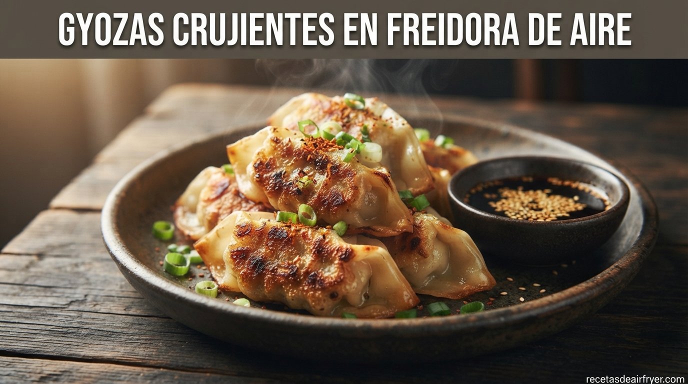 Gyozas crujientes en freidora de aire servidas con salsa de soja y sésamo